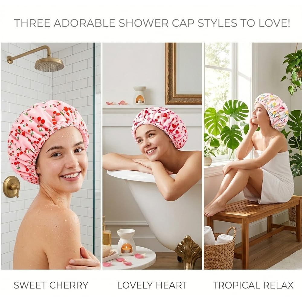 3 in 1 Shower Cap for Women, Pink Heart Print Reusable Waterproof Terry Lined Elastic Bath Wrap Long Braided Hair (Love)