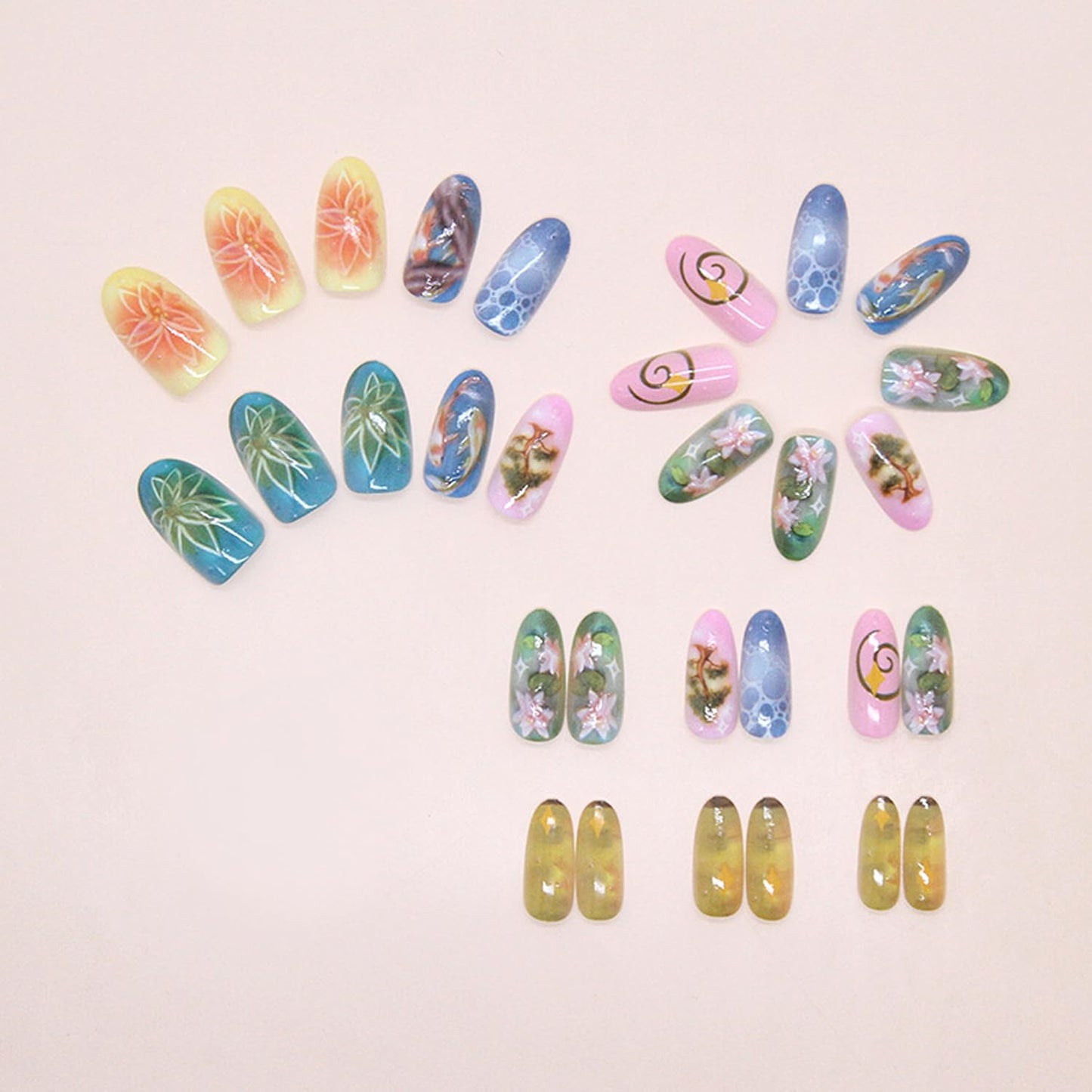Press-On Nails - 24Pcs Medium Almond Fake Nails with Lotus & Lucky Koi Design | Glossy Full Cover for Spring/Summer DIY Manicure