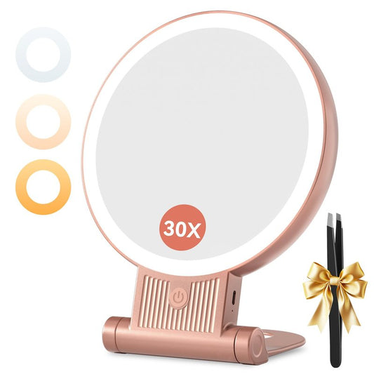 1X/30X Magnifying Mirror with Light, Double Sided Makeup Mirror with Adjustable 3 Color Light, 2000mAh Rechargeable Lighted Magnifying Mirrors with Tweezer, Foldable Travel Mirror with Rotation