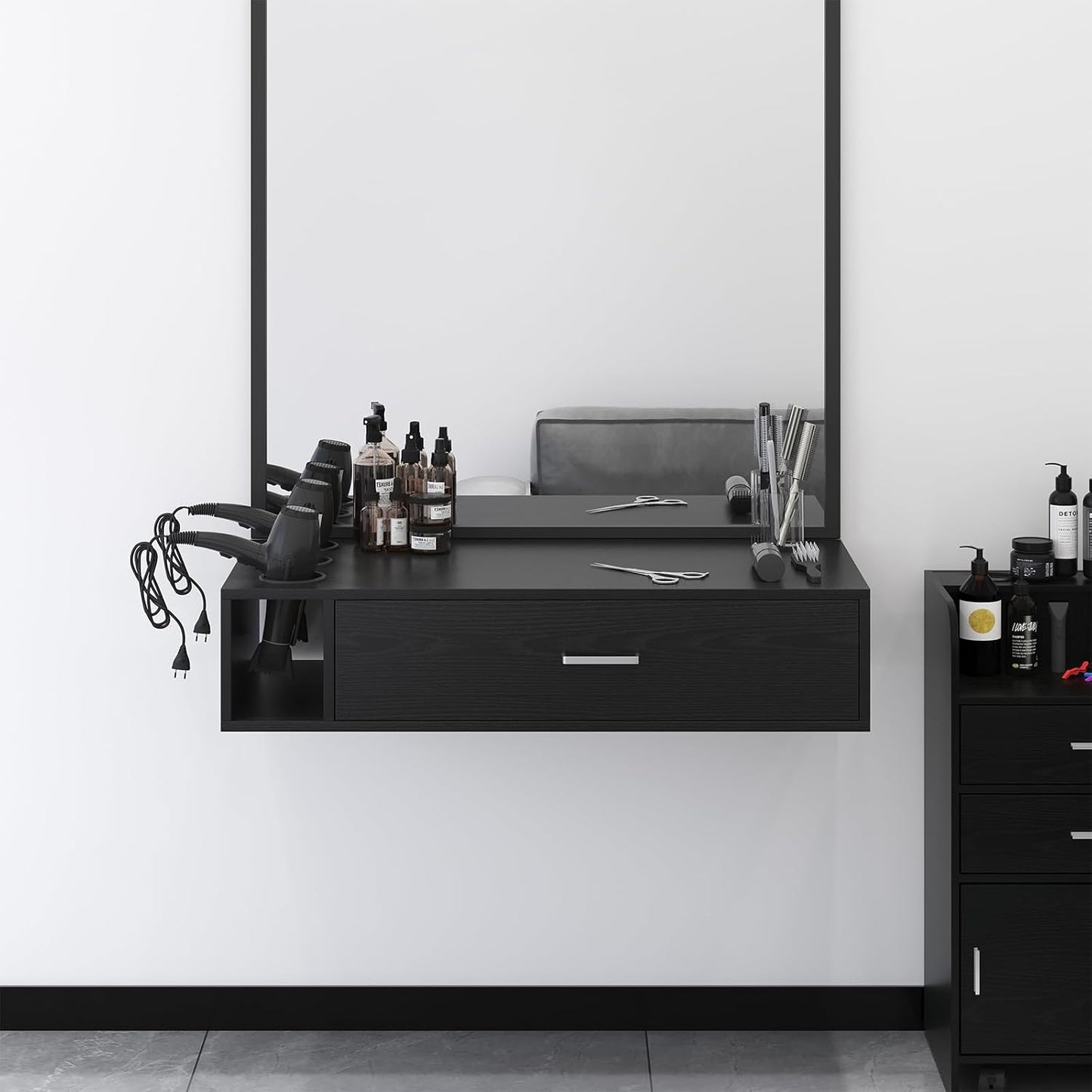 Wall Mount Salon Station - 36" Black Barber Organizer with Drawer & Shelves | 3 Dryer Holders