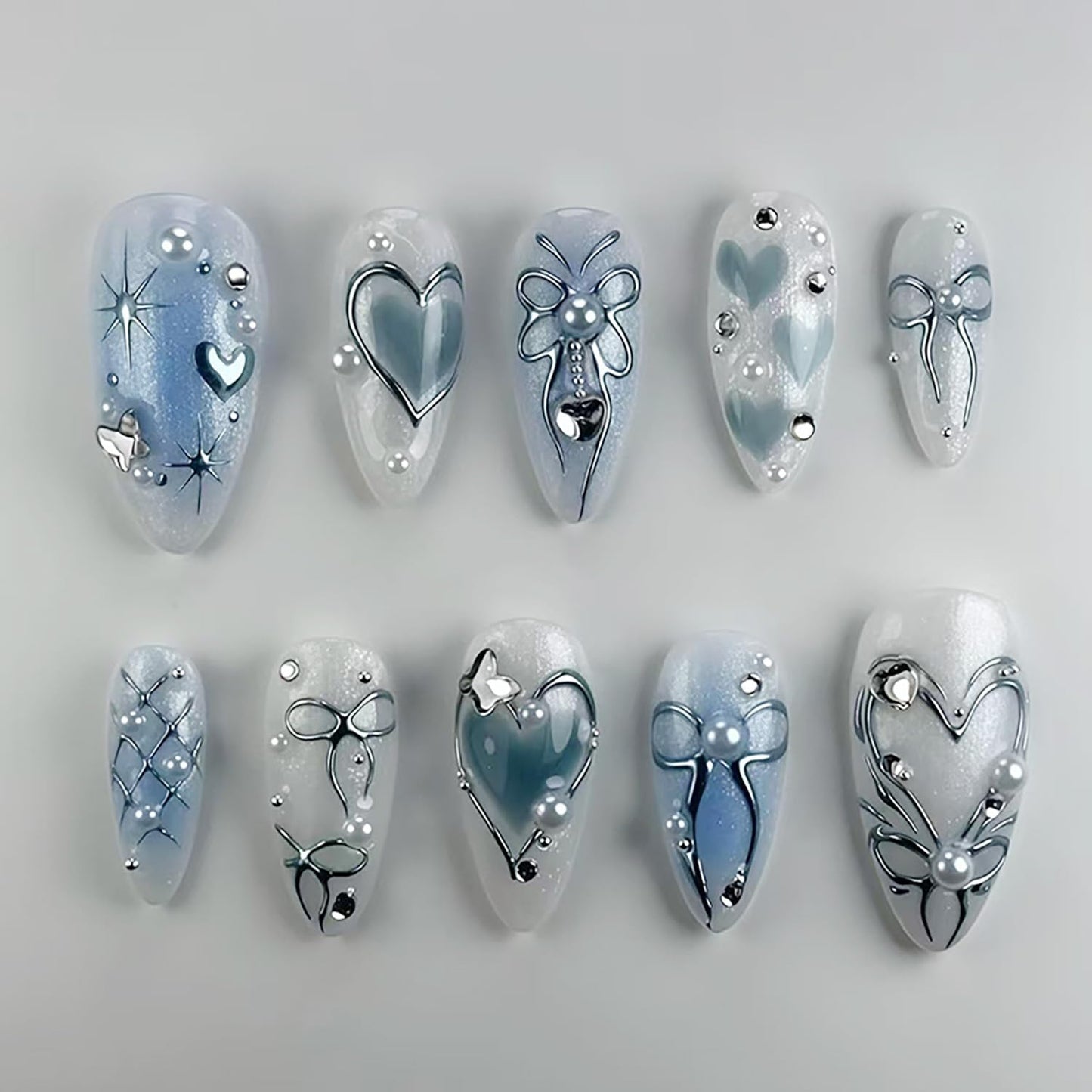 Flower Press-On Nails - 10 Pcs Short Almond Style with Gold Shell & Starfish Rhinestones | Reusable Cute Handmade Acrylic Nails for Women & Girls