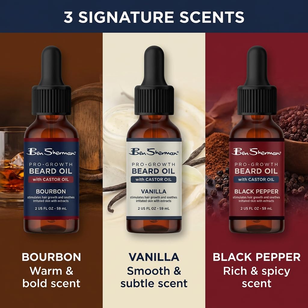 Ben Sherman Beard Oil for Men 3 Pack – Castor Oil Beard Care Set for Growth – Bourbon, Vanilla & Black Pepper – Mens Beard & Mustache Conditioning Treatment