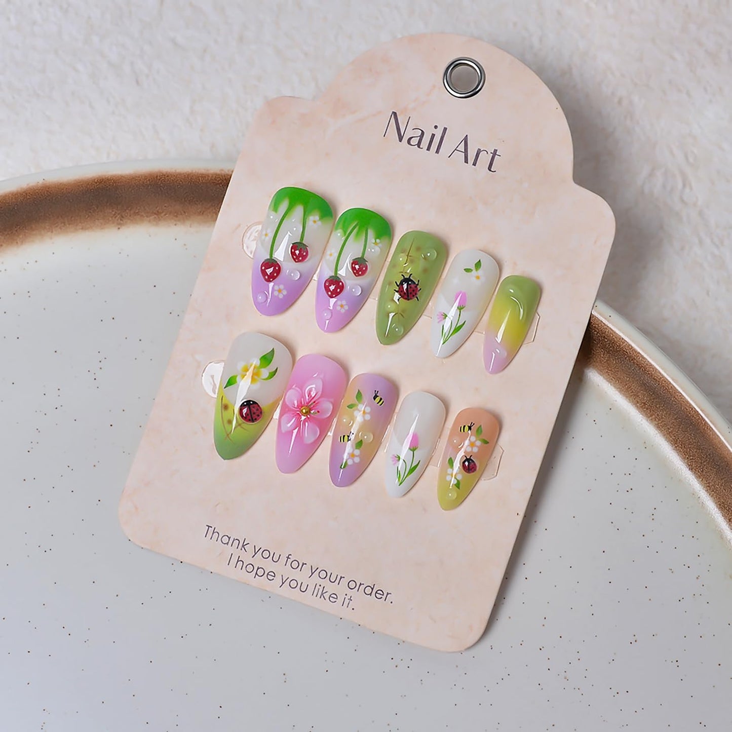 Medium Almond Press-On Nails - 24Pcs 3D Strawberry Flower Acrylic Set | Reusable French Tip Ladybug Design