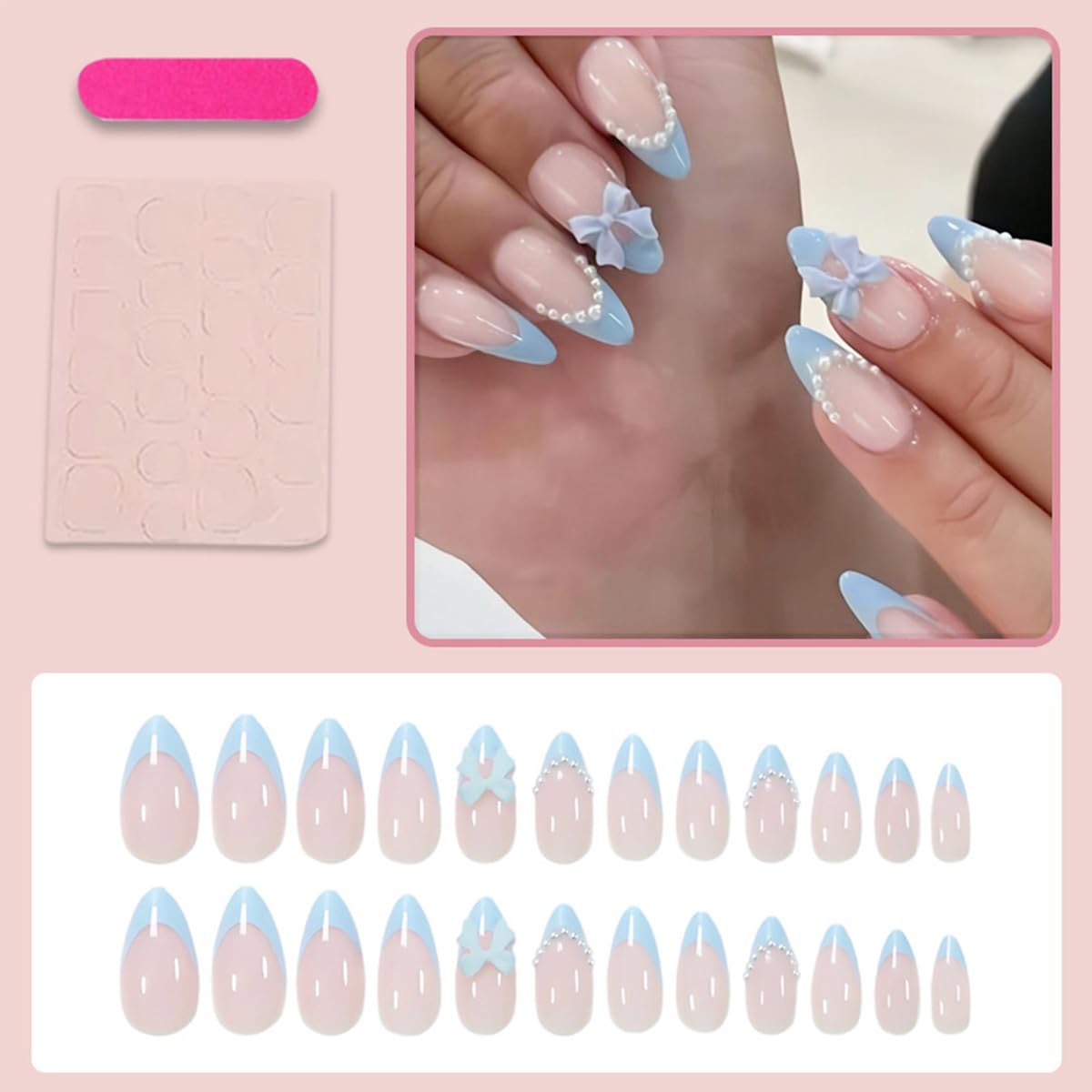 Blue French Tip Press-On Nails - 24 Pcs Medium Almond Acrylic with Pearl Glossy Designs & 3D Bow | DIY Manicure Decor