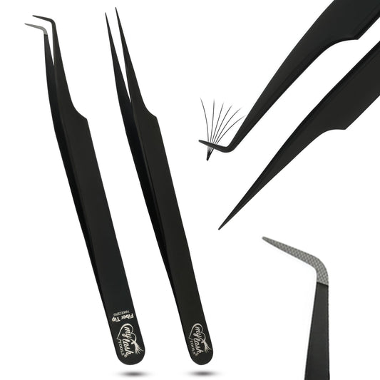 My Lash Tools Fiber Tip Lash Tweezers for Eyelash Extension Curved 90 Degree Angle Boot Tweezer Best for Volume, Individual Isolation & Classic Lashes Stainless Steel Lash Supply (Black 2x Set)
