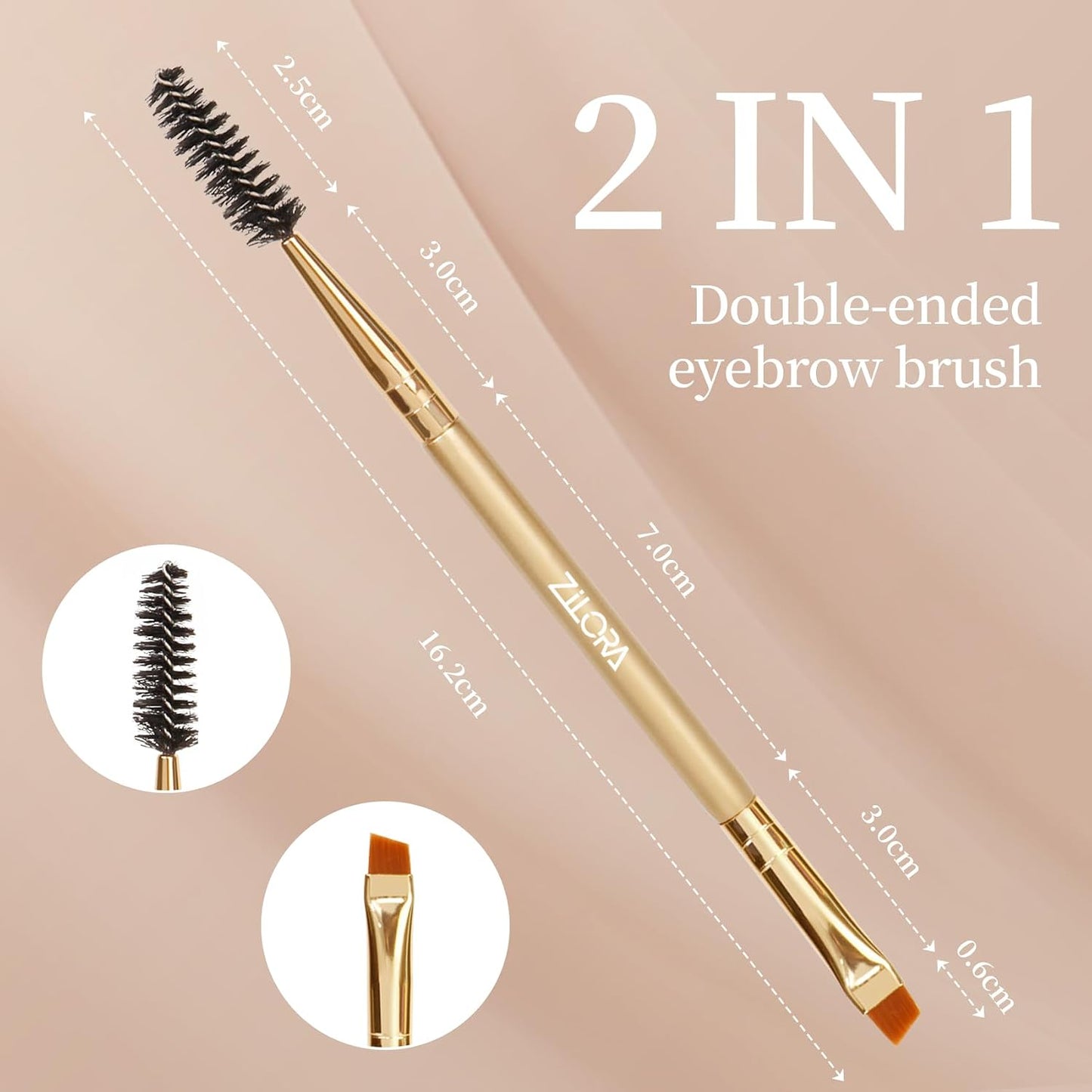 Dual Ended Eyebrow Brush Set - Premium Angled Brow Brush & Spoolie Duo | Soft Synthetic Bristles, Gold Finish