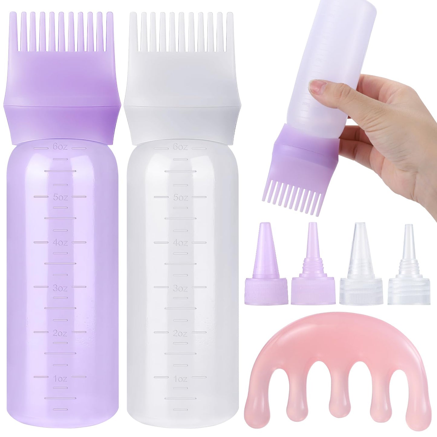Pimoys Hair Oil Applicator Bottle for Scalp, Root Comb Applicator Bottles Hair Dye Squeeze Bottle Coloring Tools，2 Pack (Purple, White) with 4 Pointed Mouth Cover and Massage Comb