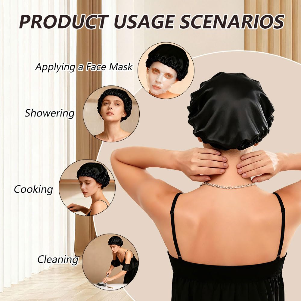 Wrap Cap Hair Net, 2 in 1 Silk Press Bonnet for Women, Adjustable Satin Doobie Wrap for Long Curly Hair Black