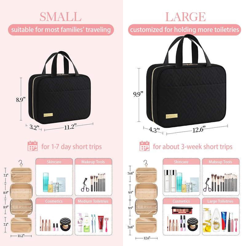 Travel Toiletry Bag - Waterproof Hanging Makeup Organizer for Men & Women | Medium Size, Black