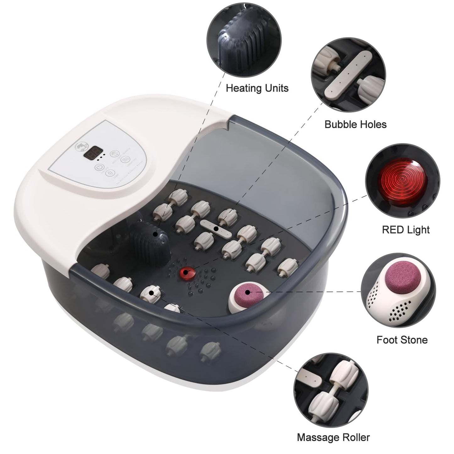 Foot Spa Bath Massager with Heat - 22 Massage Rollers, Temperature Control & Vibration | Relaxing Soaking Tub - Grey