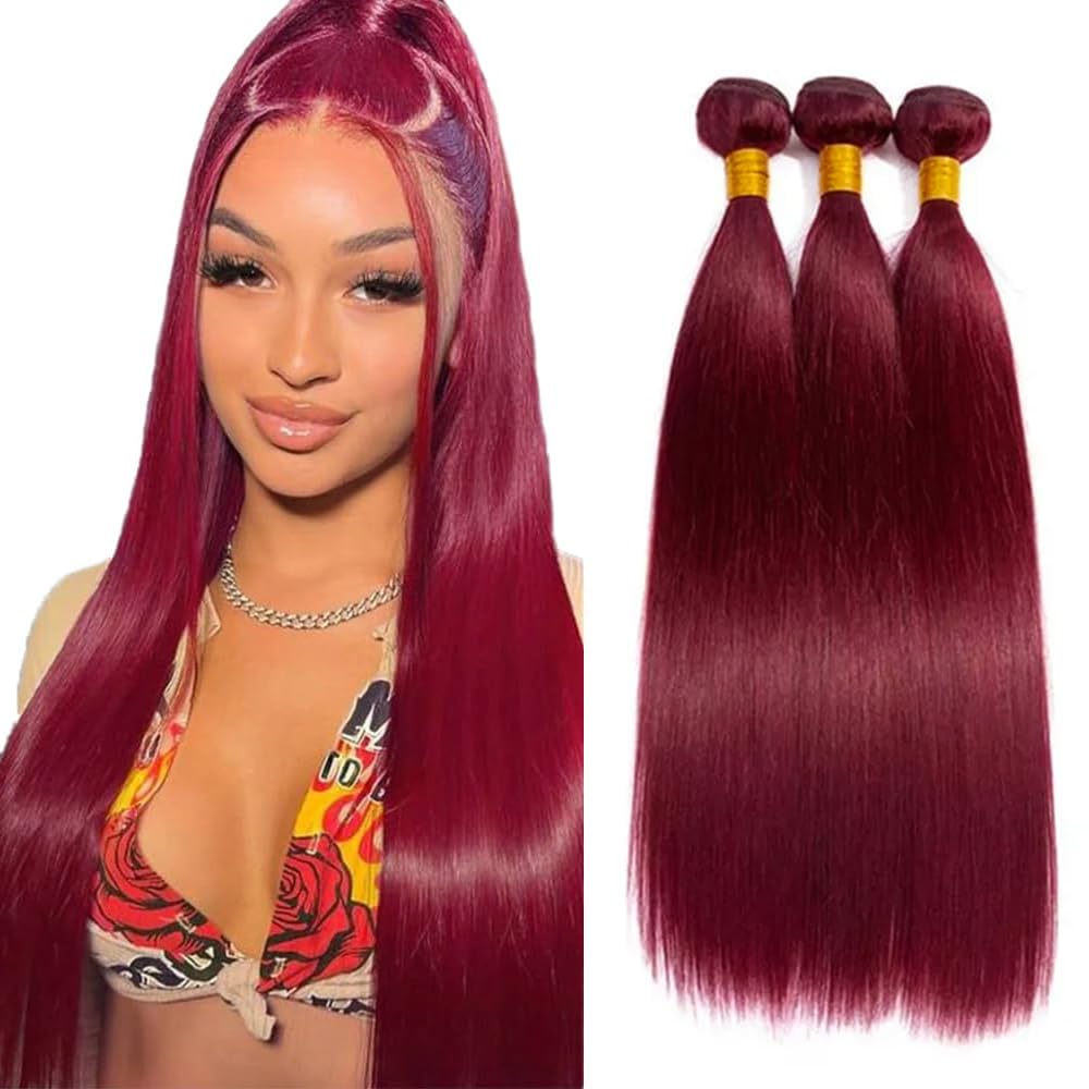 99J Burgundy Bundles Human Hair Red Straight 3 Bundles 20 22 24 Inch 150g 8A Brazilian Virgin Hair Extensions 99J Straight Bundle Red Color