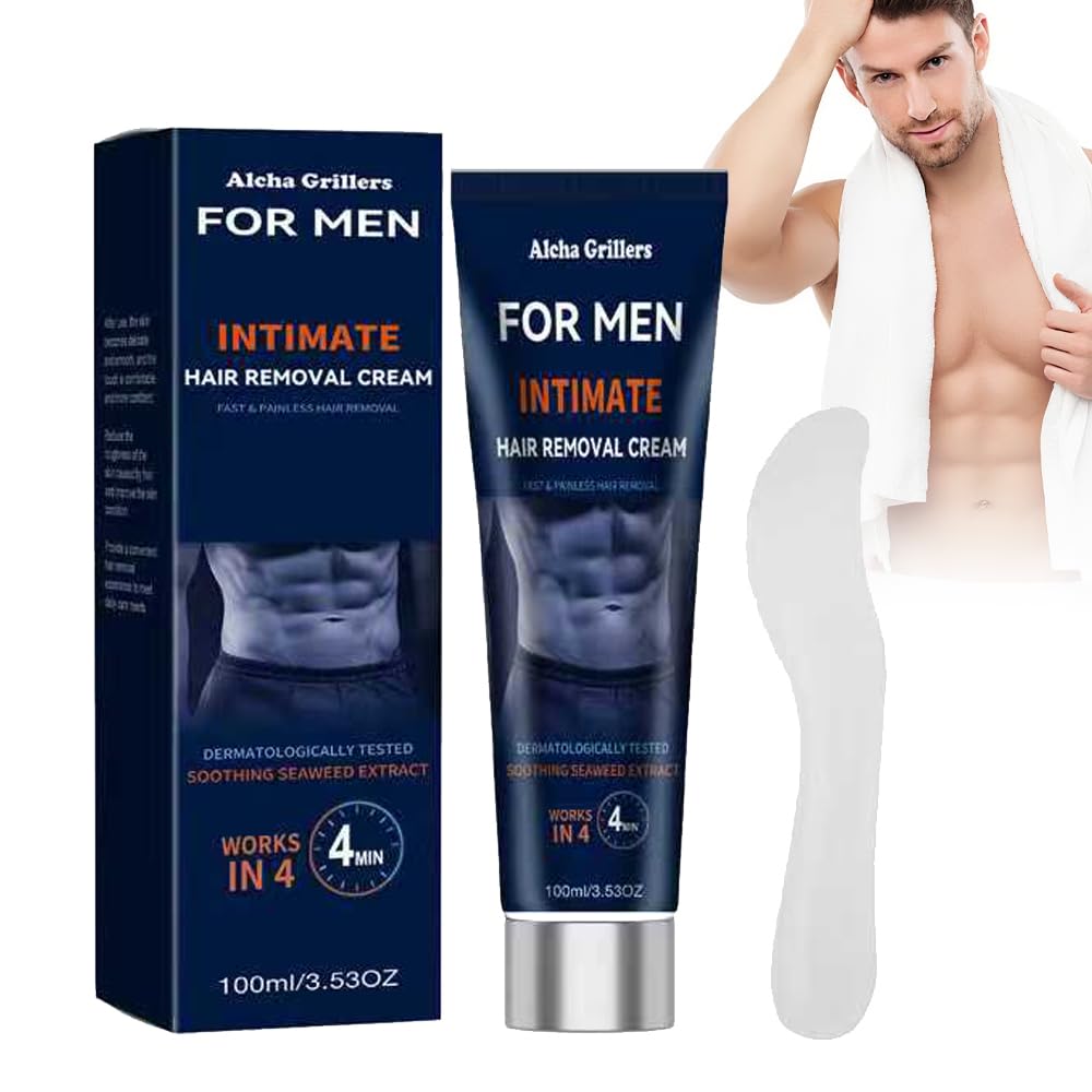 Painless Hair Removal Cream for Men, Intimate & Body Depilatory Cream for Male Grooming, Quick Hair Dissolving, Moisturizing Gentle Formula with Seaweed Extract, 100ml (1pcs)