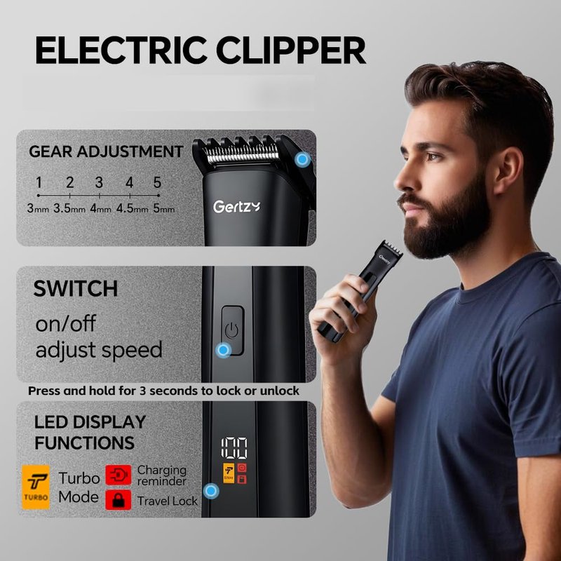 Electric Beard Trimmer for Men Professional Adjustable Length Limit Comb and Hair Trimmer, Men's Beard Mustache Trimming and Body Hair Trimmer, Cordless Digital Display and Rechargeable USB-c Charger