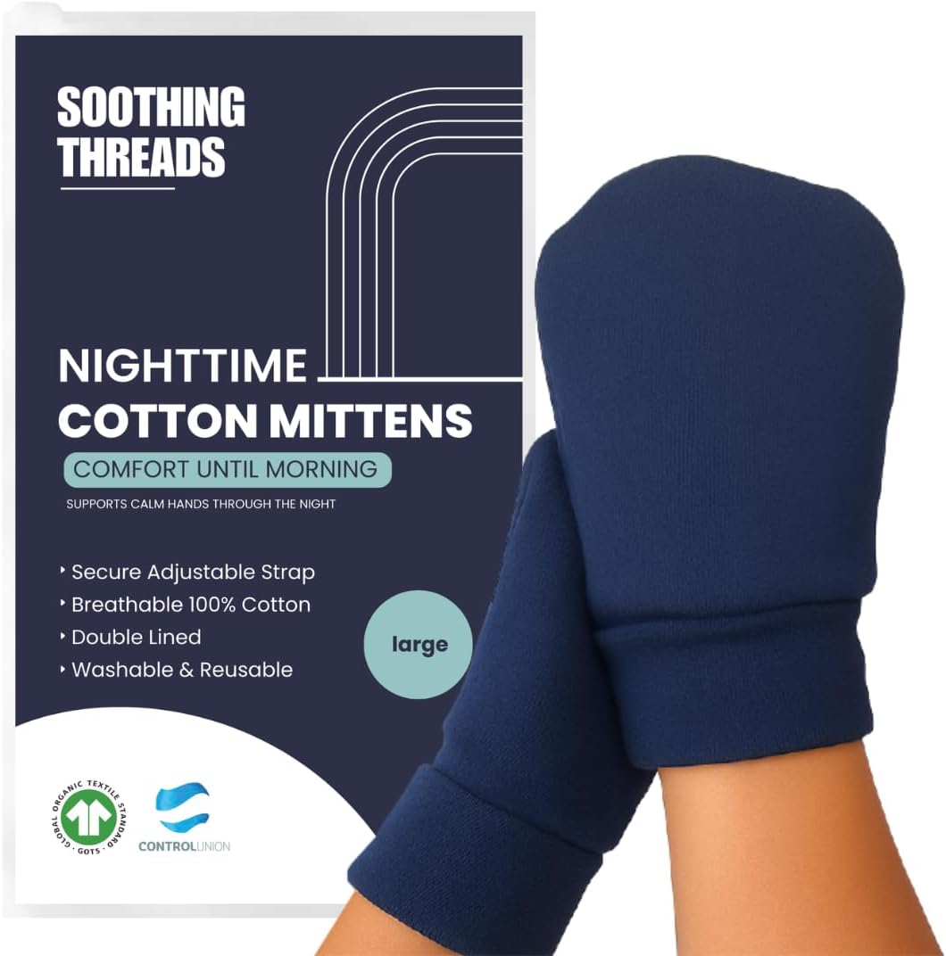 Organic Cotton Eczema Mittens for Adults - Anti-Scratch Nighttime Gloves with Adjustable Strap | Reusable & Washable, Navy, Medium