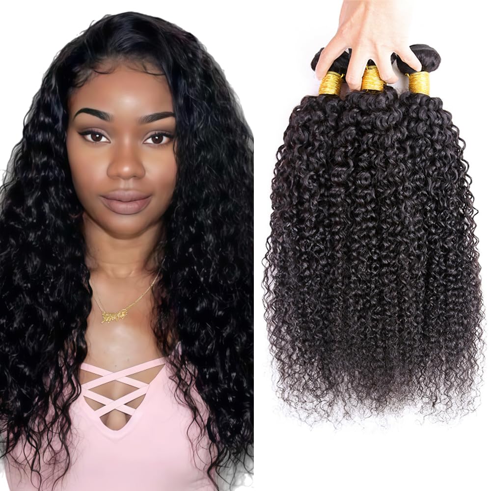 Curly Bundles Human Hair #1B Bundle Kinky Curly Human Hair Bundles Natural Black Bundle #1B Color Unprocessed Virgin Hair Extensions 18 20 22 Inch 150g