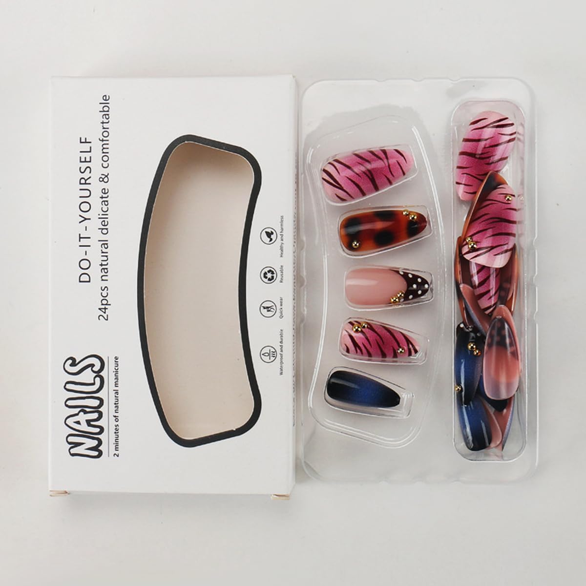 Short Almond Press-On Nails - 24 Pcs French Tip with Leopard Print & Gold Beads | Reusable Acrylic Nail Designs for Women