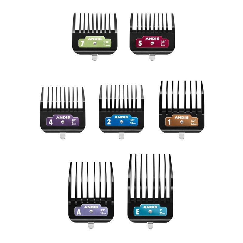 Andis 562014 Premium Clip Animal Comb Set – Built with Plastic, Includes 7 Color Coded Combs of Different Sizes, Metal Clip to Attach Comb - Fits Ultra Edge & Ceramic Edge Blades, Multicolor
