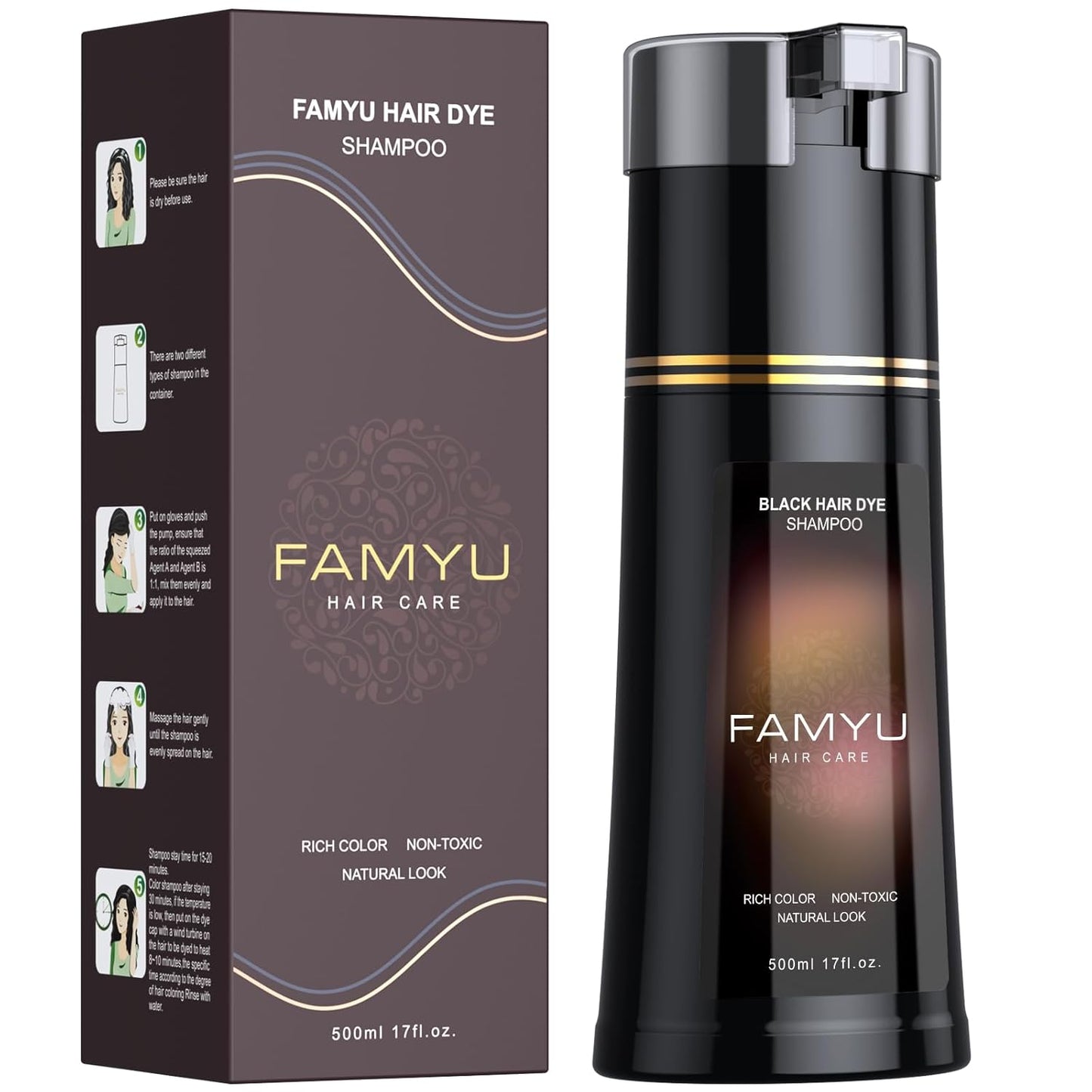 Black Hair Dye Shampoo - Long-Lasting Color for Men & Women | Herbal Formula for Grey Coverage, 17oz
