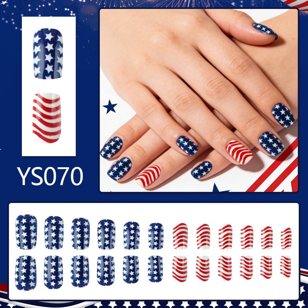 24Pcs 4th of July Press on Nails Medium Square Fake Nails with Star Designs Patriotic Glossy False Nail Fourth of July Nails - 4th of July Nails for Women Girls