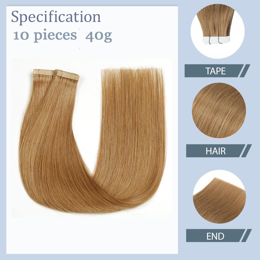 HuxoWax 20 Inch Tape In Human Hair Extensions #27 Honey Blonde Doubles Weft Invisible Straight Human Hair Tape In Extensions #27 Blonde Weave 10 Packs Total 40g