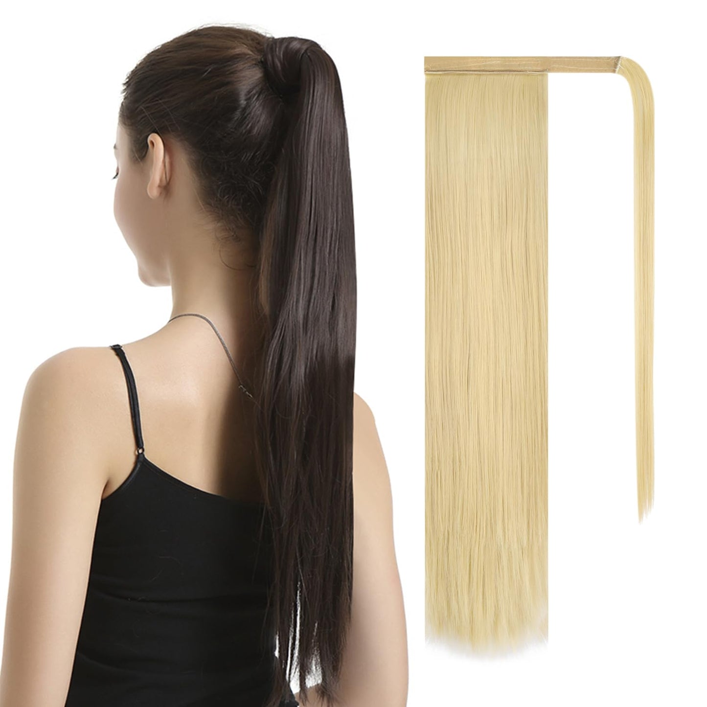 Dark Brown Straight Wrap Ponytail Extension - 24 Inch Clip-In Hairpiece for Black Women | Synthetic Hair