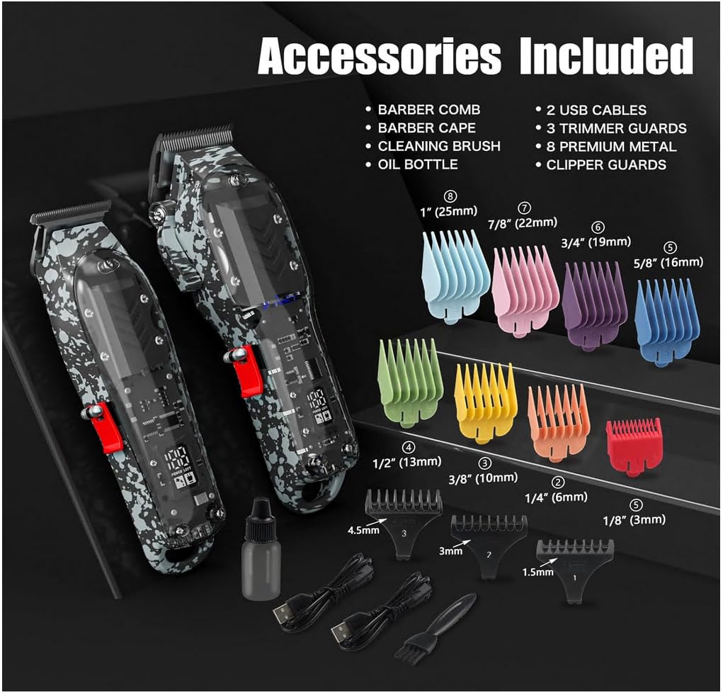 Tuanchuanrp Professional Hair Clippers for Men, Cordless Barber kit for Hair Cutting & Grooming, Hair Clippers and Trimmer Set for Barber Haircut with LED Display, 8 Fade Taper Combs(Black Set)