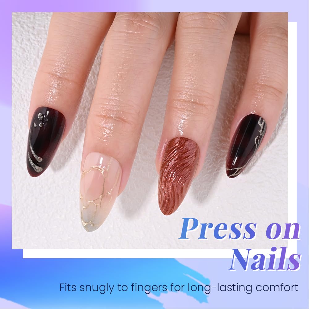 3D Butterfly Wings Press On Nails - Blue & Brown Almond Shape | Reusable Acrylic with Gold Line Pearl Designs