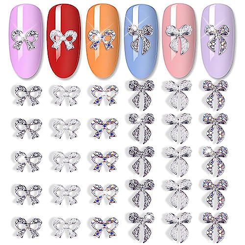 JERCLITY 30 Pieces Silver Bow Nail Charms – Bowknot Nail Studs with Iridescent/Clear Diamonds & Pearl