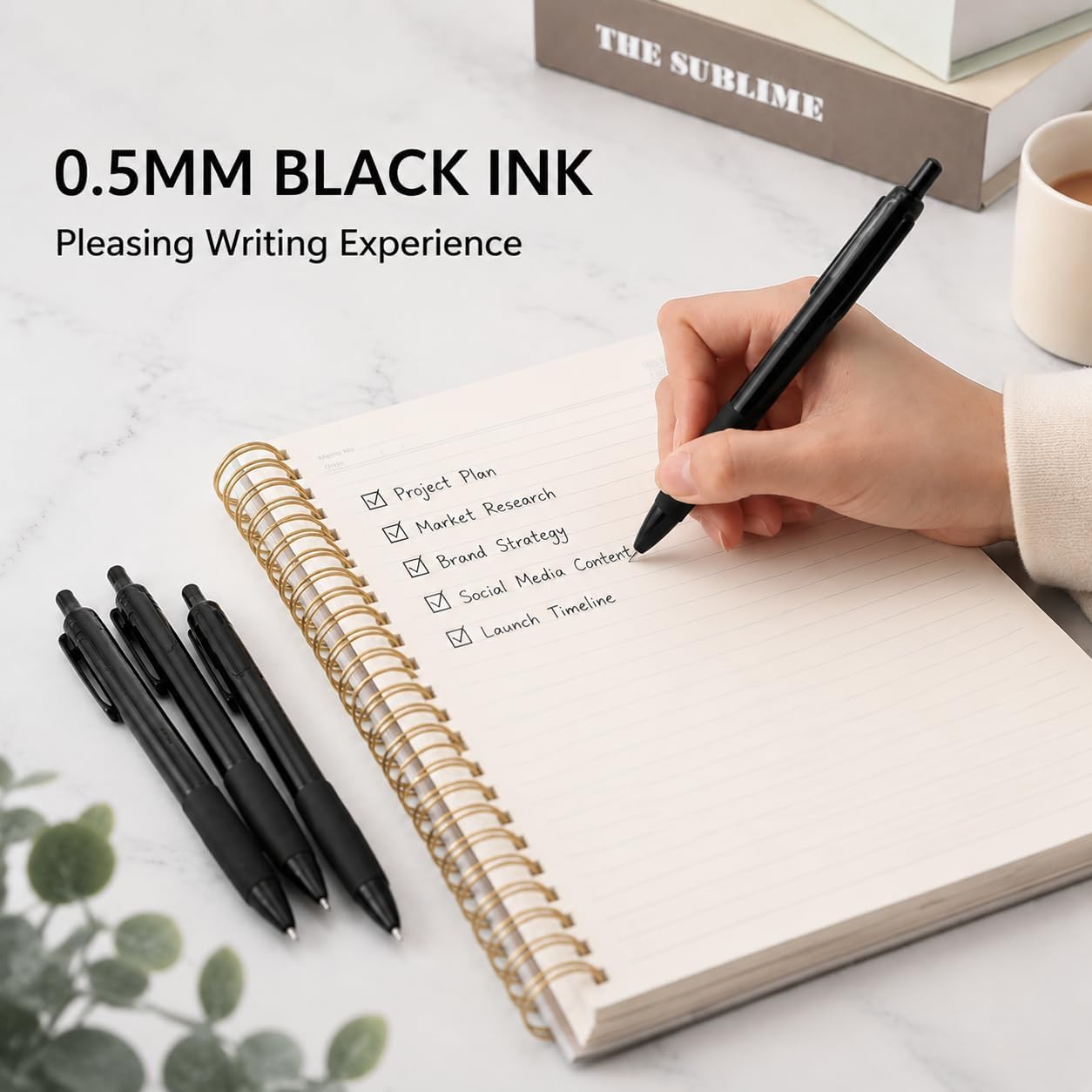 Black Gel Pens - 0.5mm Retractable Medium Point | Smooth Writing, Quick Drying, 5 Pack for Office & School