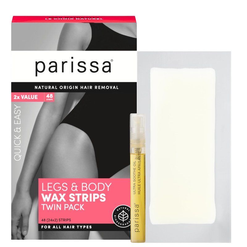 Parissa Natural Legs & Body Wax Strips | Large Ready-to-Use Strips, Beginner-Friendly & Gentle on Sensitive Skin | Includes Post-Wax Ultra Soothe Oil | 48 Strips (24 x 2)