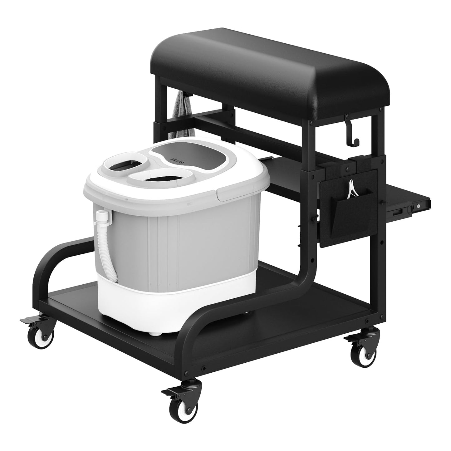 Adjustable Pedicure Foot Rest with 3-Level Height, PU Cushion, Storage & Locking Wheels, Mobile Pedicure Cart Foot Bath Trolley for Foot Bath, Salon & Spa (Black)