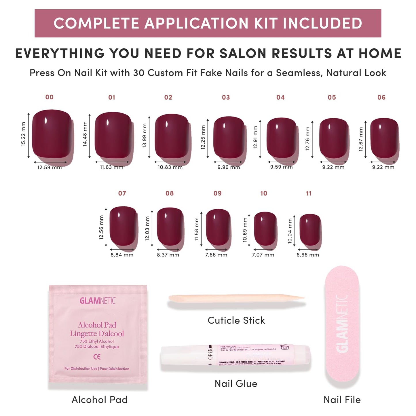 Glamnetic Press On Nails - Extra Short Fake Nails | Glossy Dark Maroon Press On Nails, Salon Quality Kit with Glue | Berry Baby - 30 Nail Set in 12 Sizes
