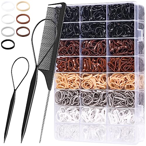 TsMADDTs 2000 Pcs Hair Ties Set with Organizer Box, 7 Natural Colors & Hair Comb