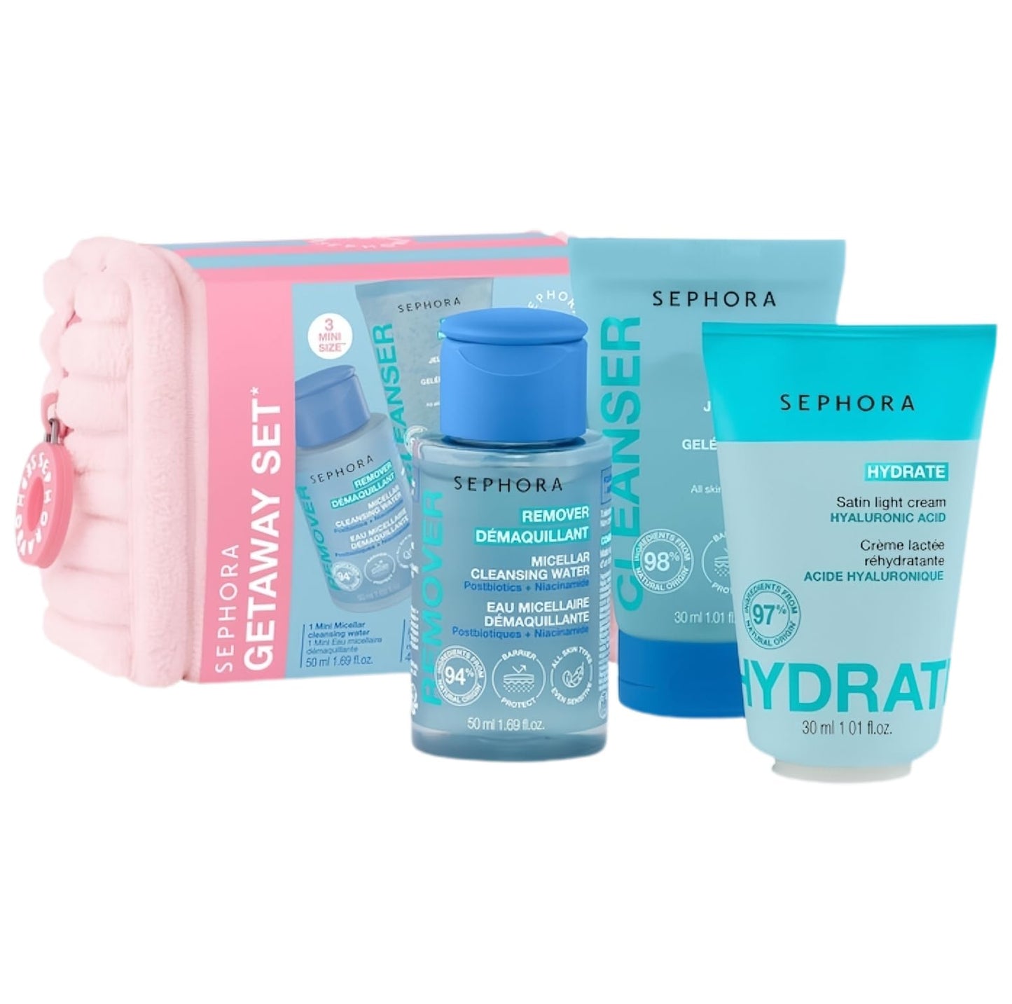 Sephora Collection Getaway Mini Essentials Set with Pouch – Satin Cream, Micellar Water & Jelly Cleanser – Travel Size Skincare