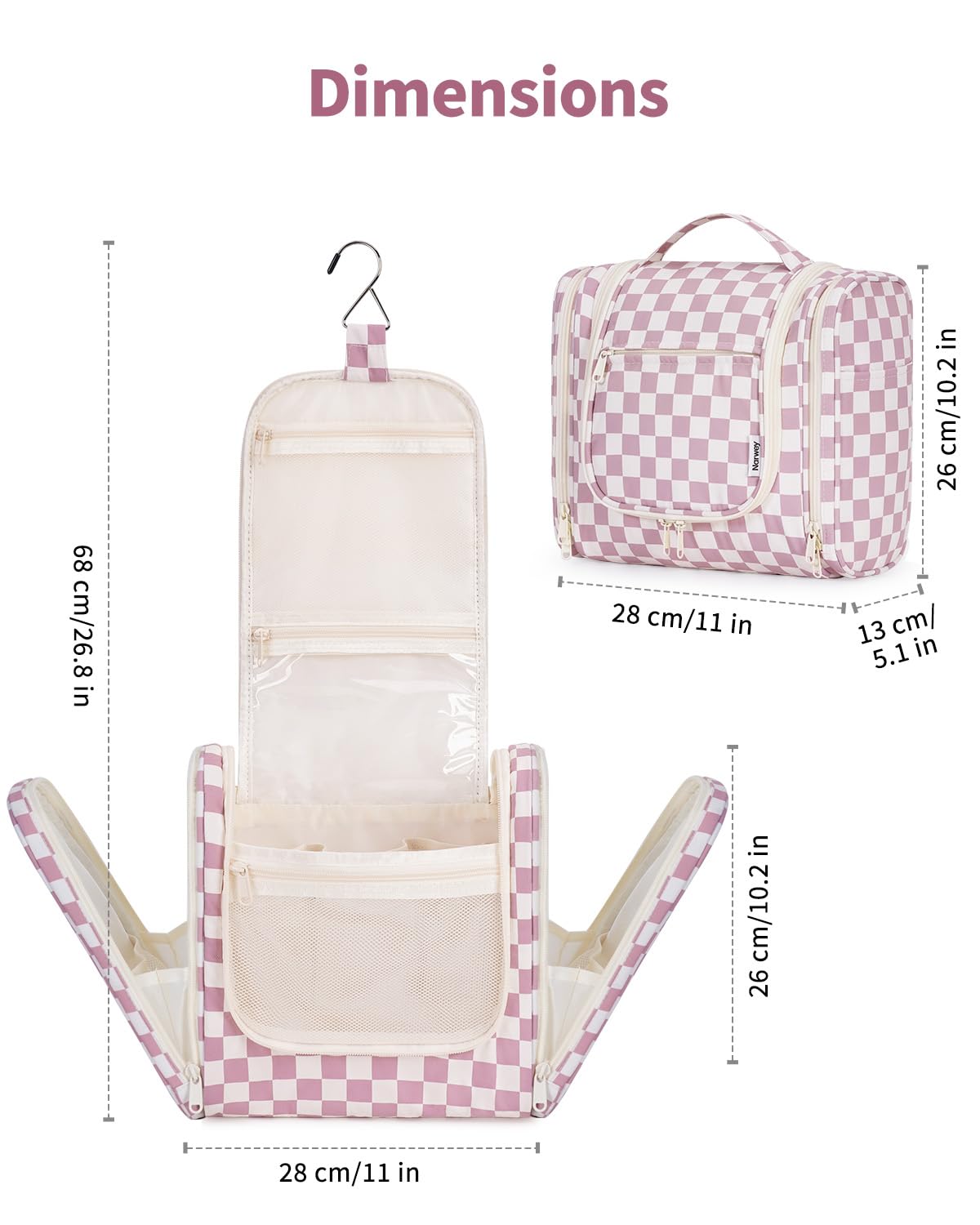 Narwey Large Hanging Toiletry Bag for Women Travel Makeup Bag Organizer Toiletries Bag Dry Wet Separation for Cosmetics Essentials Accessories (Dusty Pink Checkerboard)