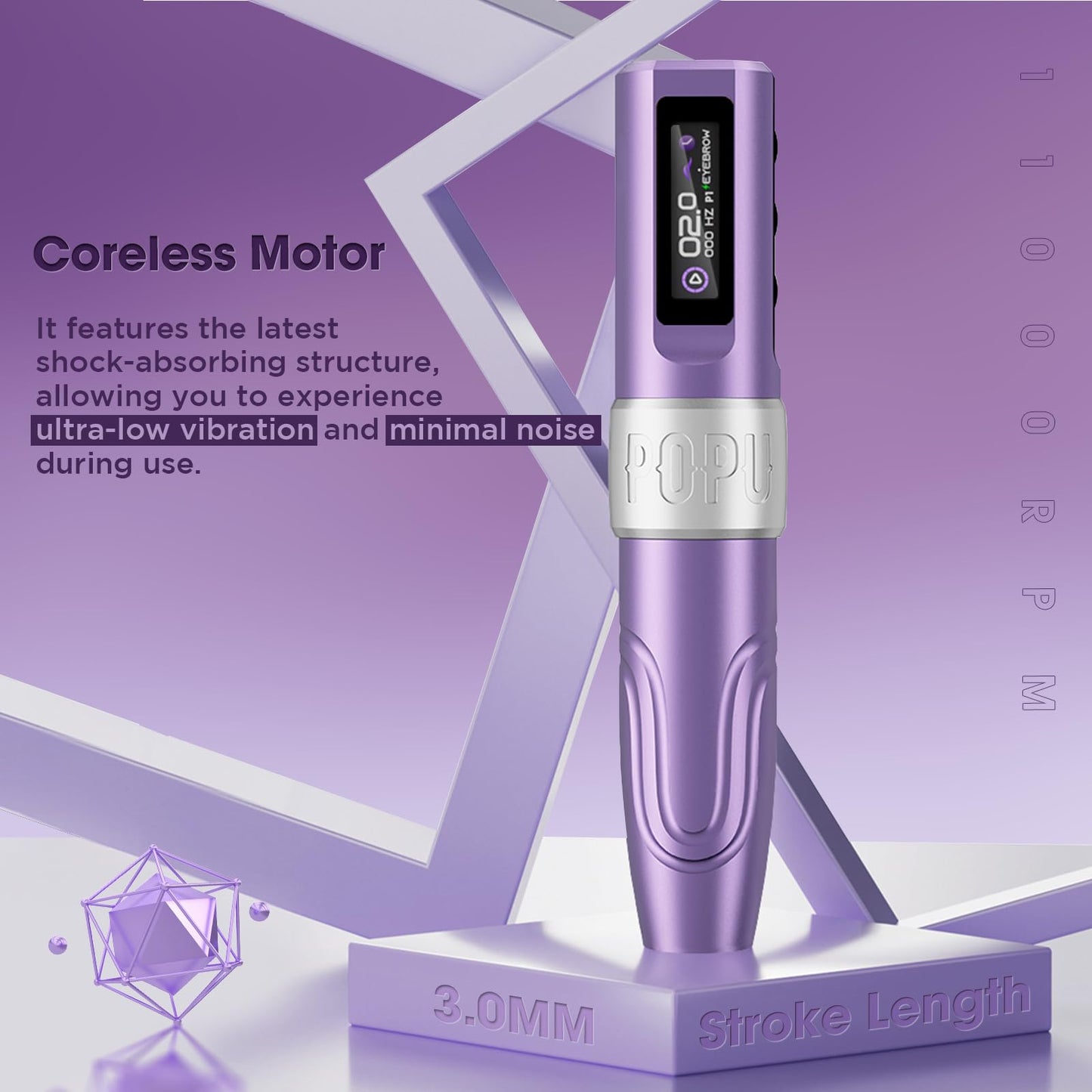 POPUPMU Wireless Tattoo Gun 3.0mm Stroke Rotary Tattoo Pen Coreless Motor with Extra 800mAh OLED Screen Multifunction for Professional Nano Hairstrokes Smp Tattoo Beginner Artist Purple (MINIDIVA)