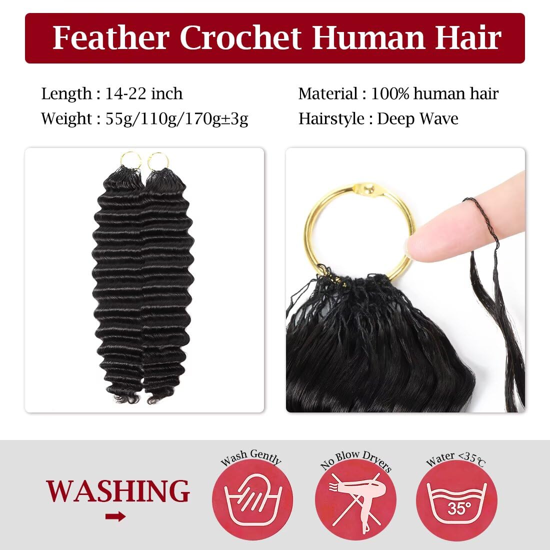 Miracle Invisible Knots Feather Human Crochet Hair 18 Inch 110g Pre-Looped 100% Human Hair for Deep Crochet Styles Invisible Seamless Knotless Soft Deep Wave Crochet Hair for Black Women (1B)
