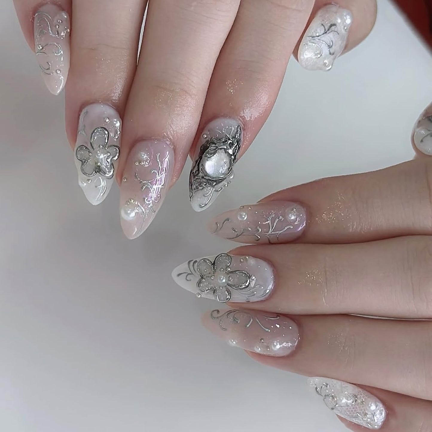 French Tip Press-On Nails - Short Square Floral Design with 3D Rhinestones | 24 Pcs Glossy Acrylic Set