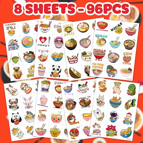96PCS Ramen Themed Temporary Tattoos for Kids and Food Lovers