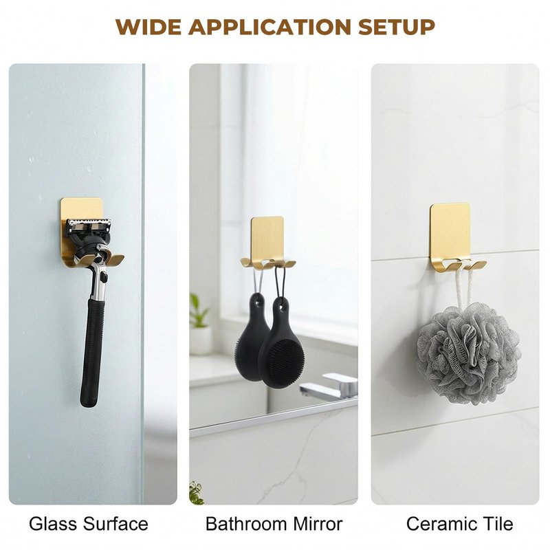 Heran Razor Holder for Shower Wall, 4 Pack Self Adhesive Shower Razor Holder, Waterproof Stainless Steel Hooks for Inside Shower, Towel Loofah Bathroom Kitchen Organizer Gold