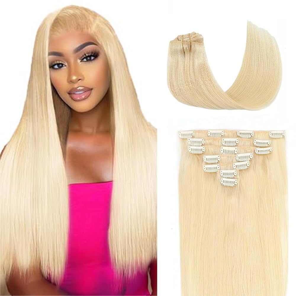 16 Inch #613 Clip in Hair Extensions Real Human Hair 120g/7Pcs,Full Shine Honey Blonde Remy Human Hair,#613 Blonde Straight Clip ins Brazilian Virgin Human Hair Extensions