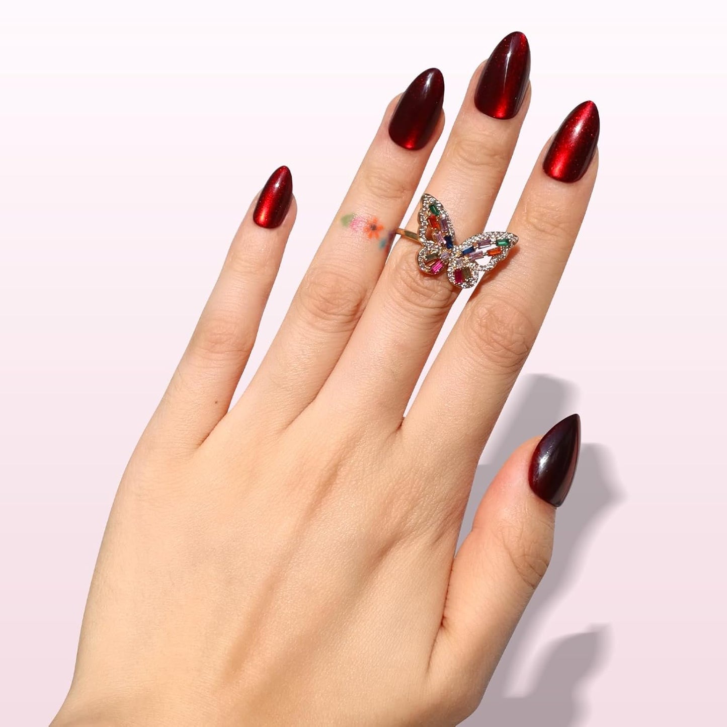 Burgundy Red Press On Nails - Short Almond Cat Eye Velvet Finish | 32 Pcs in 16 Sizes, Reusable Stick On Nails Kit for Women