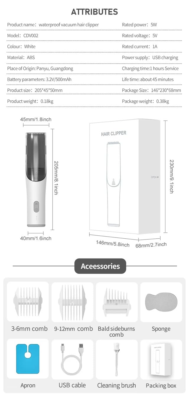 2-in-1 Vacuum Hair Clippers – Cordless Rechargeable Low Noise Hair Clipper for Kids, 2-Speed Powerful Suction Vacuum Hair Cutter, Waterproof Safe Blade Trimmer for Hair
