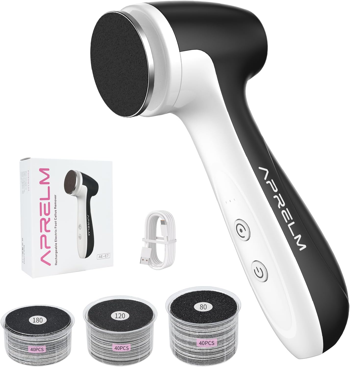 Rechargeable Electric Foot Callus Remover - 3-Speed Control, 120 Sandpaper Discs | Professional Foot File (E7 Black)