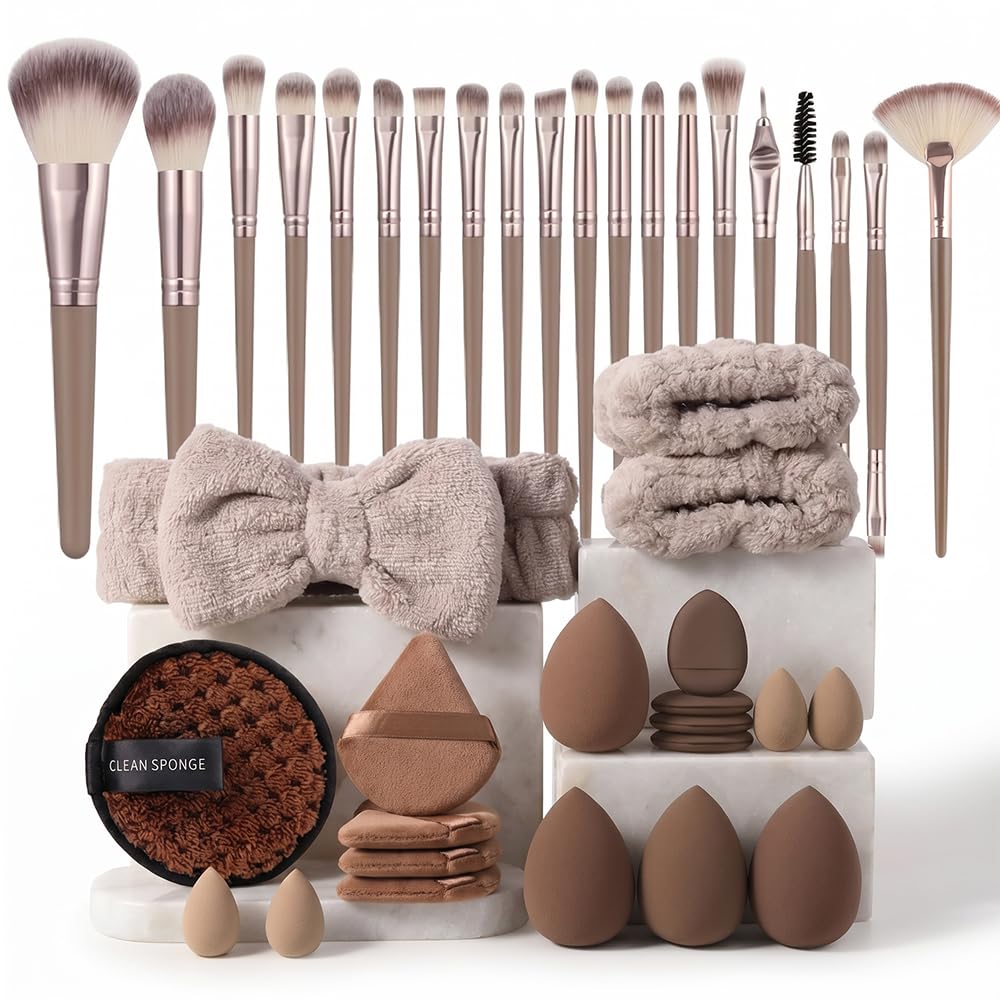 40Pcs Coffee Professional Makeup Brushes Set, Premium Synthetic Face Eye Makeup with Case for foundation, concealer, blush, eyeshadow, powder and contour makeup for beginners and makeup artists