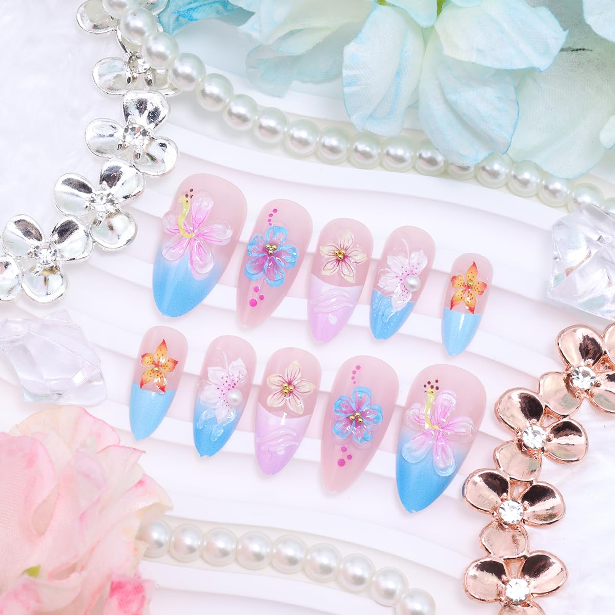 3D Flower Press-On Nails - Medium Almond French Tip with Rhinestones | Tropical Floral Design in Pink & Blue Gradient, Reusable Full Cover for Women