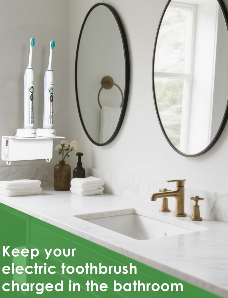 Haohaio Acrylic Electric Toothbrush Holder for Bathroom, Wall Mounted Electric Toothbrush Holder with Hidden Cable Management, Space-Saving and Convenient for Charging -White-2P