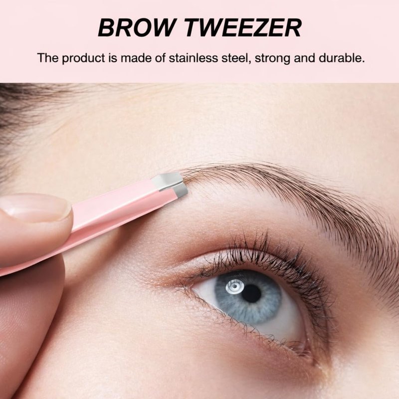 BrowVella Precision Slant Tip Tweezers for Eyebrows – Stainless Steel Professional Eyebrow Tweezers for Facial Hair & Ingrown Hair Removal - Pink