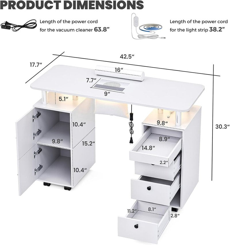 Nail Tech Table with Dust Collector & LED Light - Rolling Manicure Desk with Storage Drawers & Lockable Wheels | Acetone-Resistant Beauty Workstation (White)