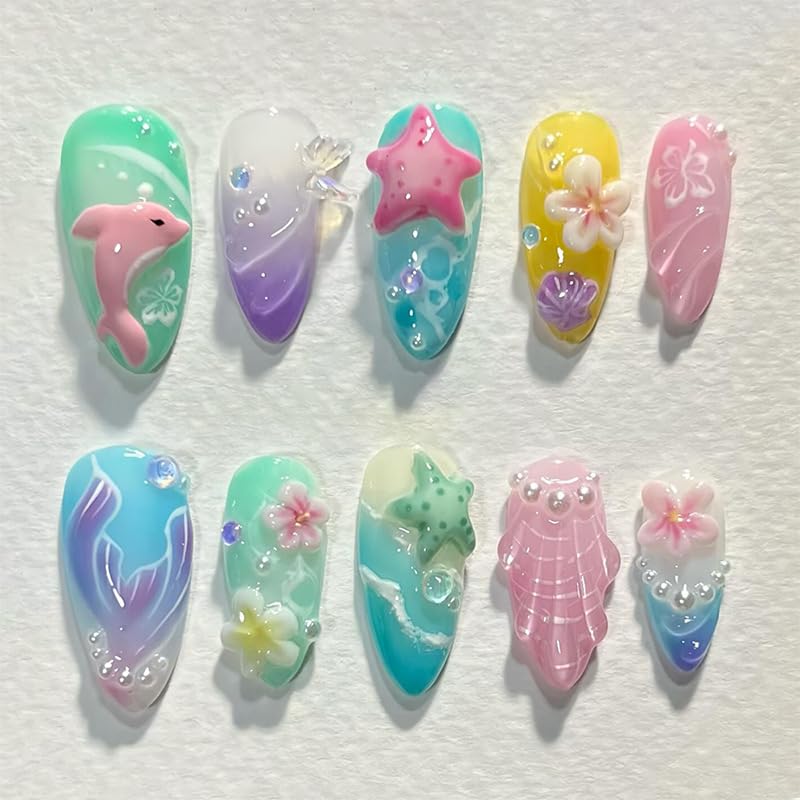 3D Handmade Press-On Nails - Summer Starfish & Flower Design | Medium Almond Full Cover Set